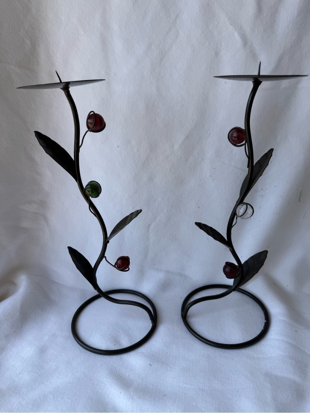 Decorative Black Metal Leaf Candle Holders with Red and Green Accents set of 2
